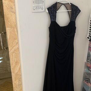 Elegant Navy Blue Formal Evening Gown with sequin Lace Details